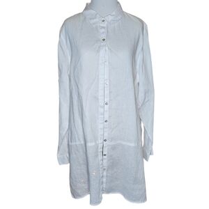 Tahari Top Womens XL White Linen Button-Up Roll Cuff Shirt Tunic 100% Linen